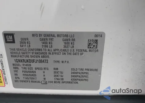 2015 Chevrolet Traverse Ltz from USA, damaged, VIN 1GNKRJKD0FJ108472